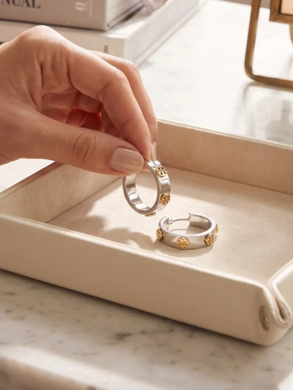 Tory Burch Icon Hoop Two Tone Earrings